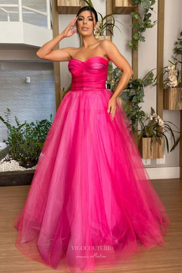 Fuchsia Tulle High Low Prom Dresses Strapless Tiered Ruffle Ball Gowns –  Viniodress